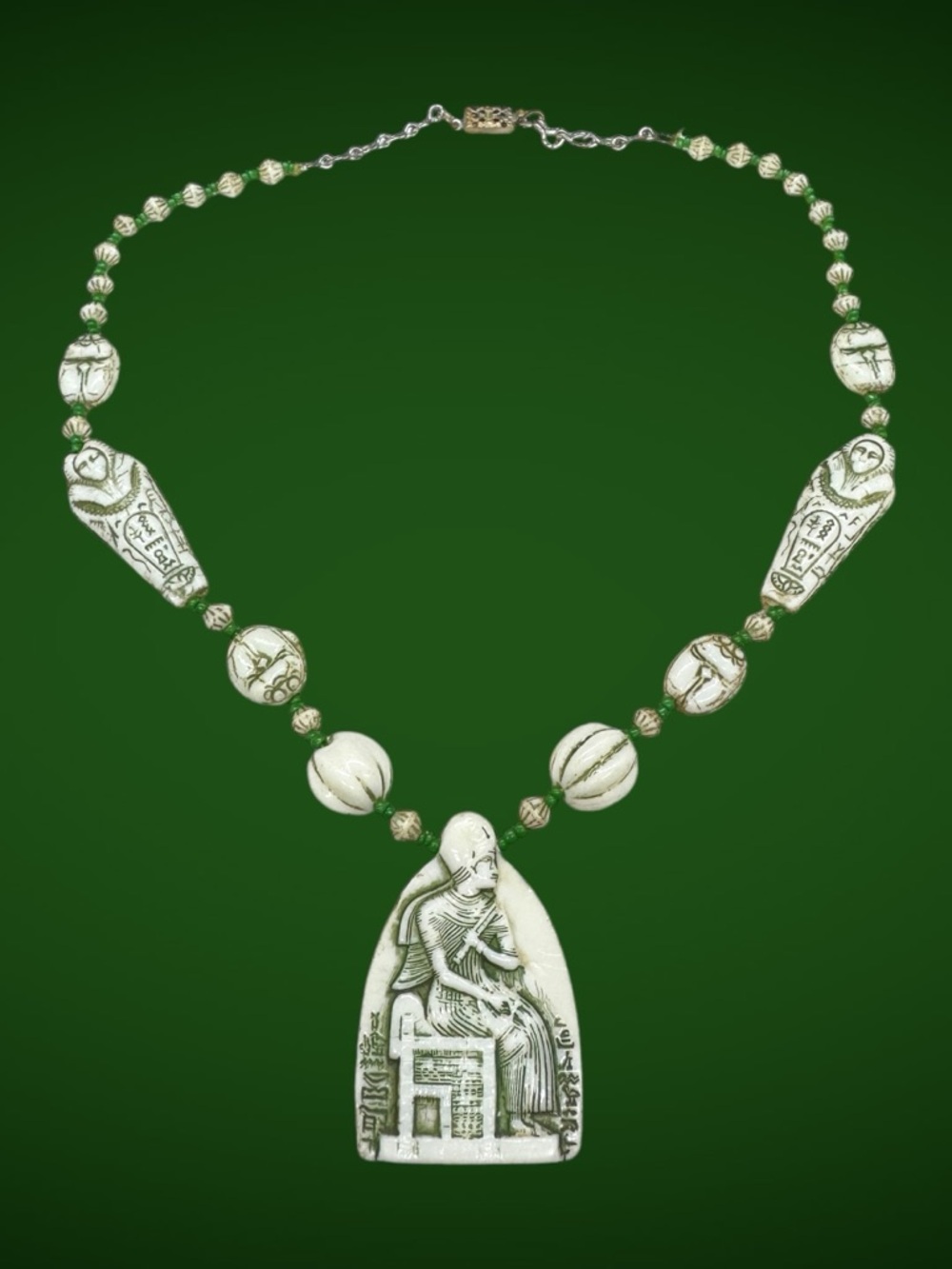 Vintage Egyptian Revival Attributed Neiger Bros. Uranium Glass Bead Necklace